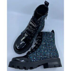 New Karl Lagerfeld Ladies Turquoise Maple Tweed Combat Boot Size 7.5